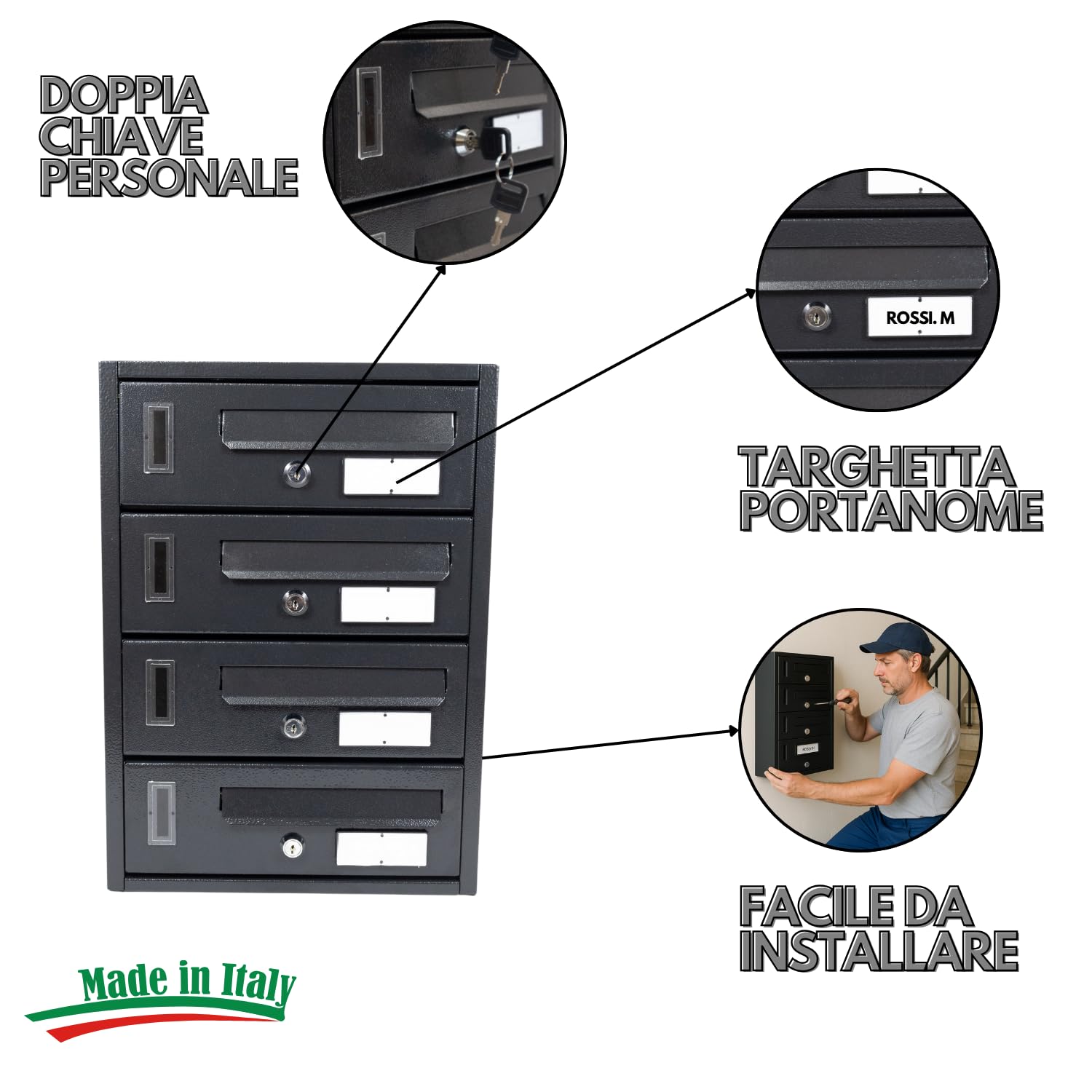 MOHOME Cassetta Postale Esterno Condominiale Antracite Componibile Modulare Orizzontale Ferro Pesante 4 Scompartimenti Dimensioni 30 x 17 x 42 cm Apertura Frontale Interno Doppia Chiave Sicurezza