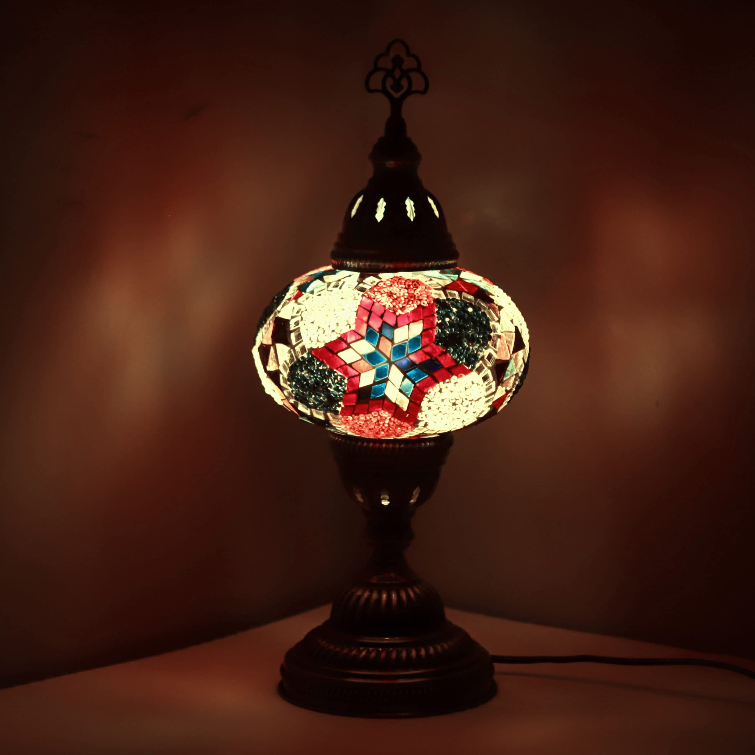ENVA Turkish Moroccan Tiffany Style Handmade Mosaic Table Desk Bedside Night Lamp Light Lampshade with LED Bulb Large Globe