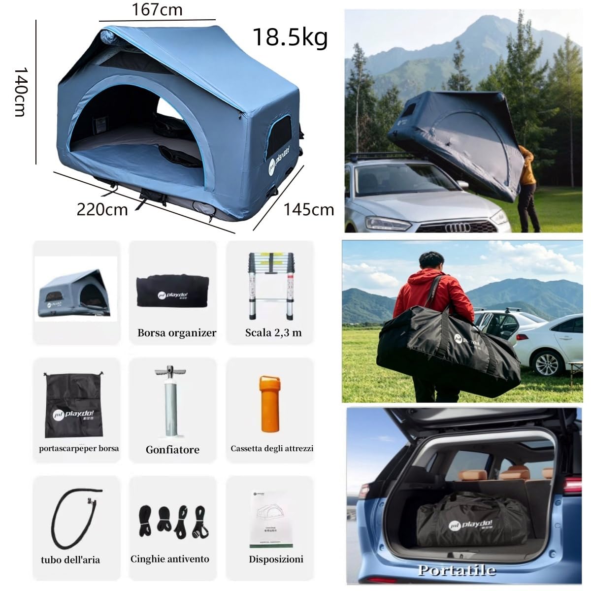 TentHome Tenda da Tetto Auto 2-3 Posti, Tenda Gonfiabile da Campeggio per Auto sul Tetto per SUV Jeep Van Furgone Roulotte Pick up, Facile da Montare, Portatile, Impermeabile, Anti UV
