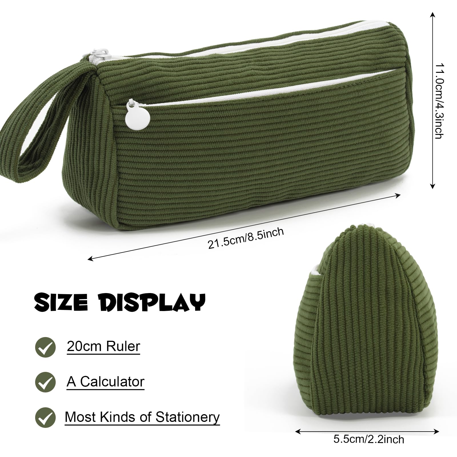 Vinuwu Pencil Case Corduroy Cute Pencil Pouch Aesthetic Pencilcase with Practical Zip Makeup Bag Stationery Pouch for School Teenage Boys Girls (Green) - Image 2