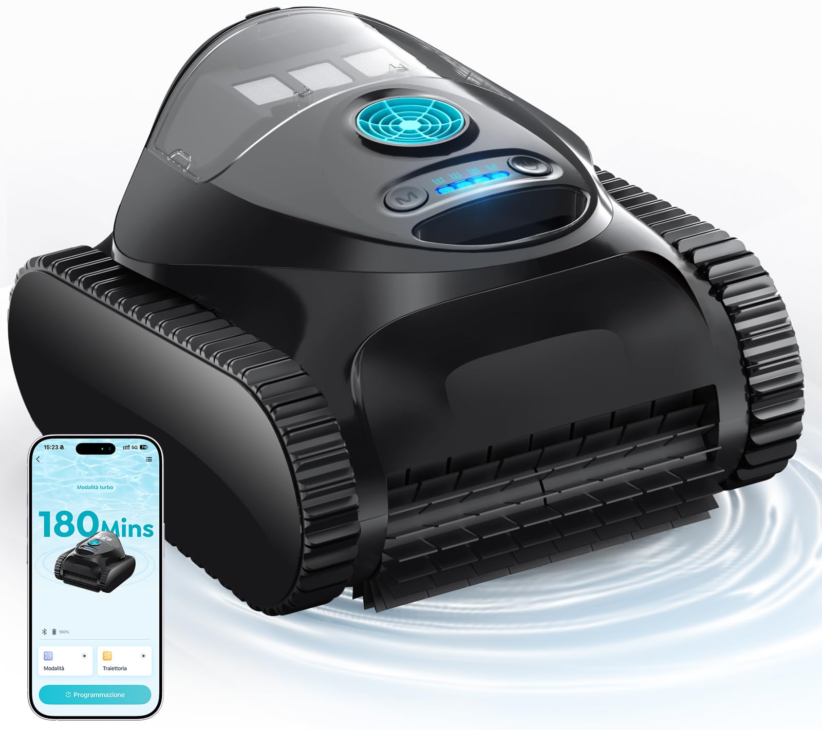 C1 Robot Piscina Pareti e Fondo, Linea d'acqua, Doppio Filtro, Aspiratore Piscina Senza Fili, 7 Modalità di Pulizia, 180 min, Pulitore con App, Robot Pulisci Piscine fino a 150 m², Blu Scuro