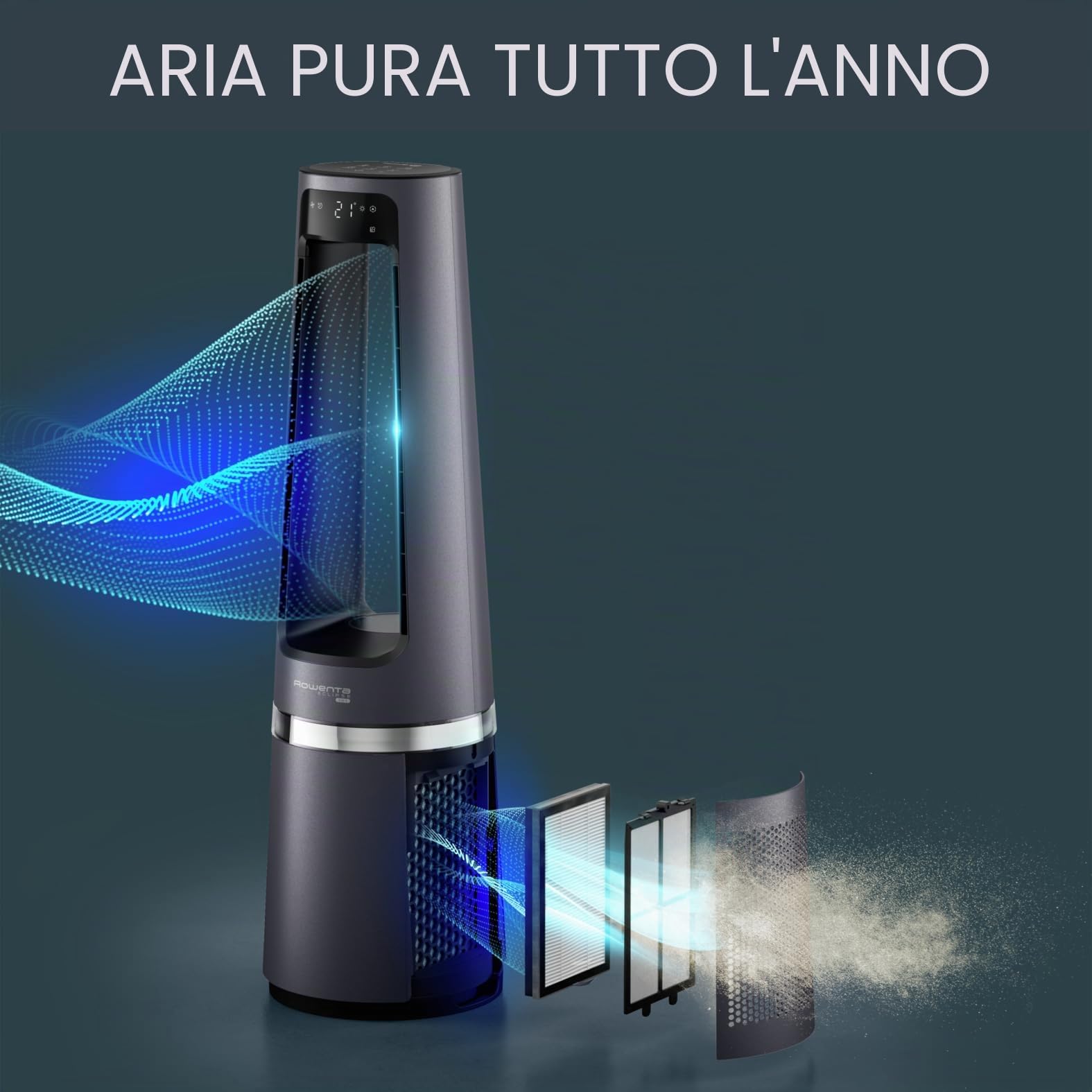 Rowenta Eclipse 3 in 1 Ventilatore purificatore, purifica, riscaldamento, ventilazione, silenzioso, potente, multi-oscillazione, 12 velocità, timer, partenza ritardata QU5062F0