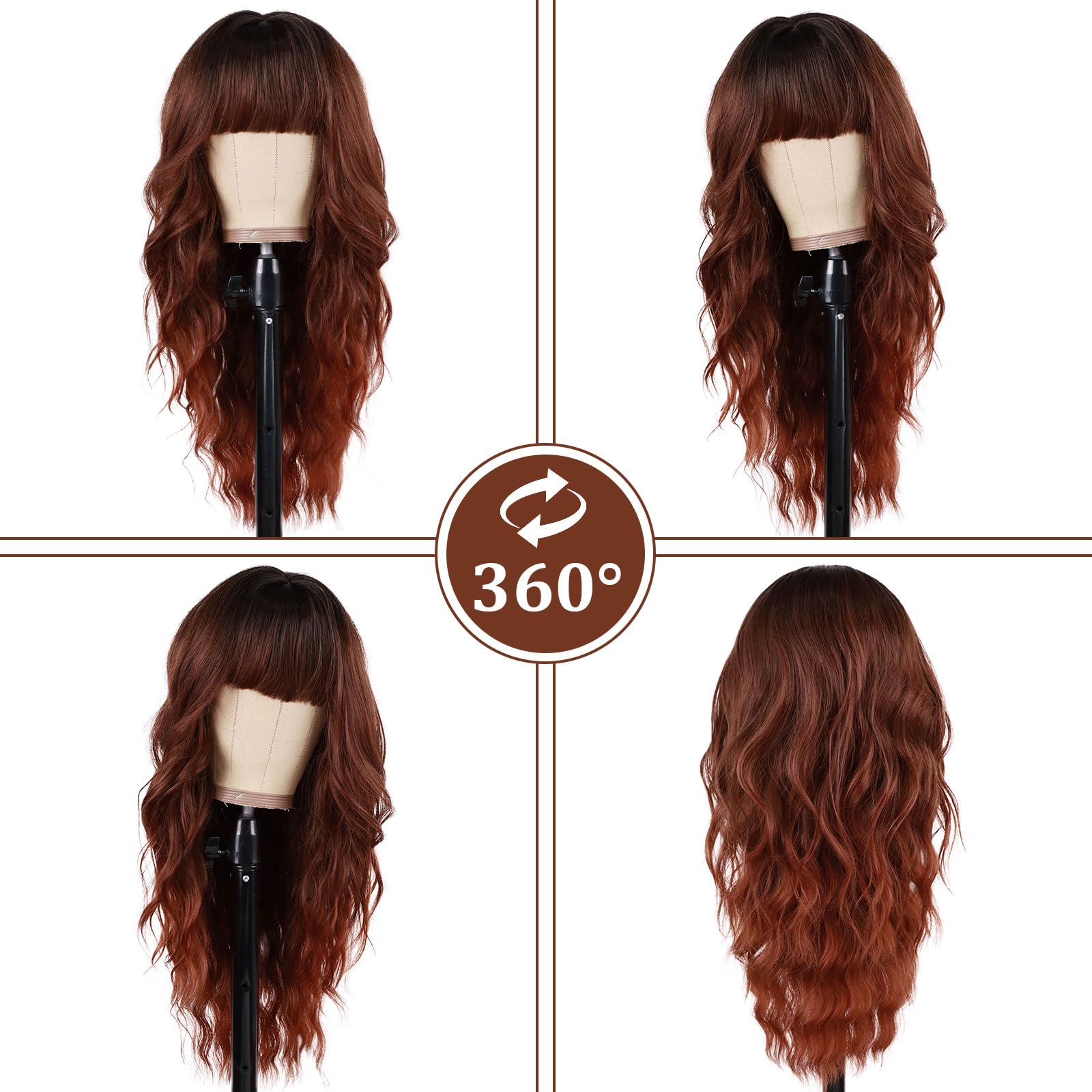 Women\'s Auburn Heat Resistant Long Curly Wavy Synthetic Wig with Bangs Size 26In Amazon.com : HAIRCUBE Auburn Wig with Bangs for Women Auburn  main image 2