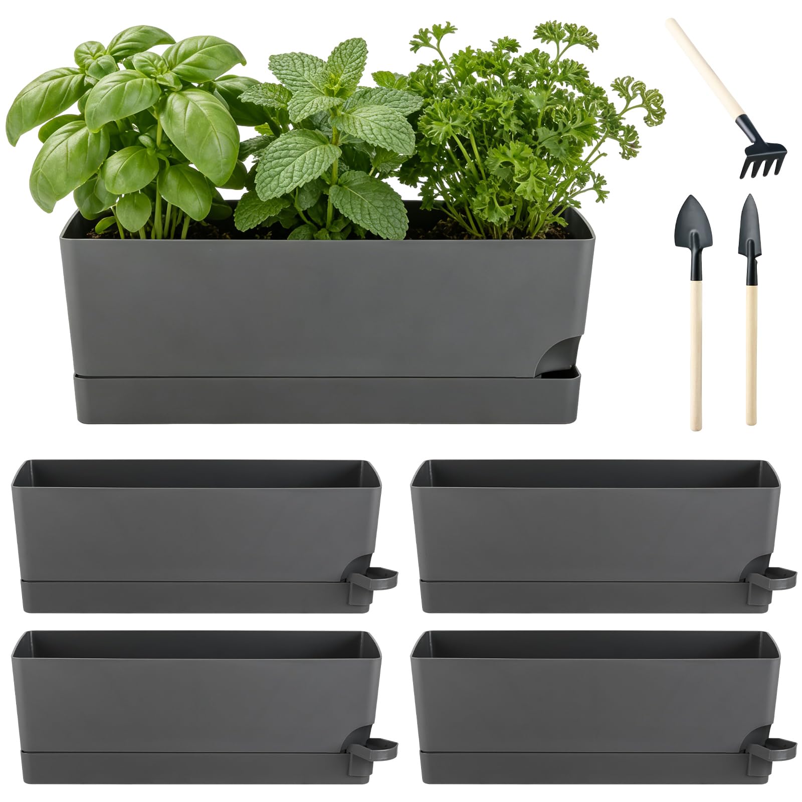 KvyusFlourish Self Watering Rectangular Planters, 4 Pack, 17" Indoor Outdoor Window Boxes, Herb Pots with Drainage Holes, Grey