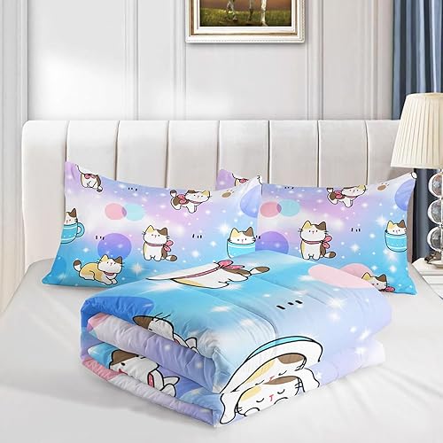 Miniatura 4 de Datura home Juego de edredón para niños con estampado de gatos lindos con 1 edredón y 2 fundas de almohada para dormitorio de niñas y niños durante
