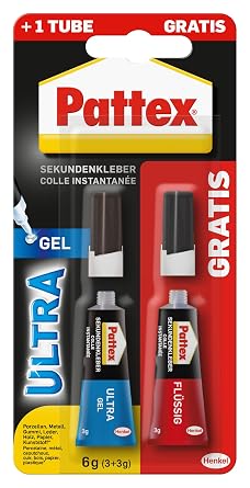 Pattex Super Glue Ultra Gel, Extra Strong & Flexible Super Adhesive, Shock & Water Resistant, for e.g. Rubber, Leather, Wood, 3 g + 3 g Quick Drying Second Glue Liquid Free, 9H PSGLB