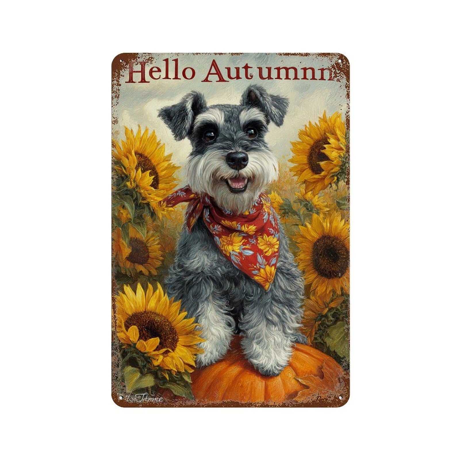 Rust Effect Autumn Dog with Sunflowers Rustic Tin Plaque 11.8"x7.9", Shabby Chic Decor for Basement, Hobby Room And Garage Decor