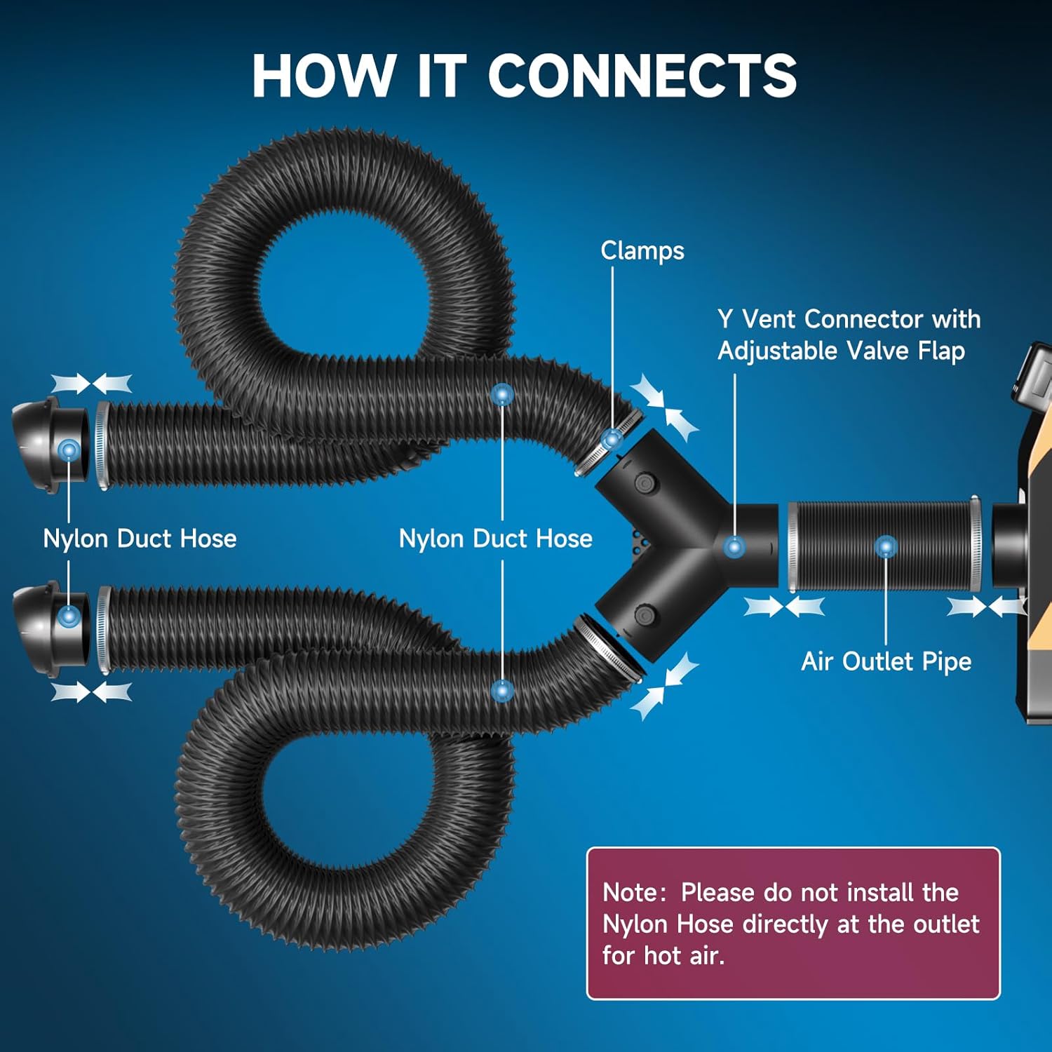 Hon&Guan 3 Inch Diesel Heater Hose Kit, Flexible Nylon Air Vent Set with Adjustable Y Splitter, Two 16FT Ducts, 3FT Outlet Pipe, Air Vents and Clamps for 5KW-8KW Heaters