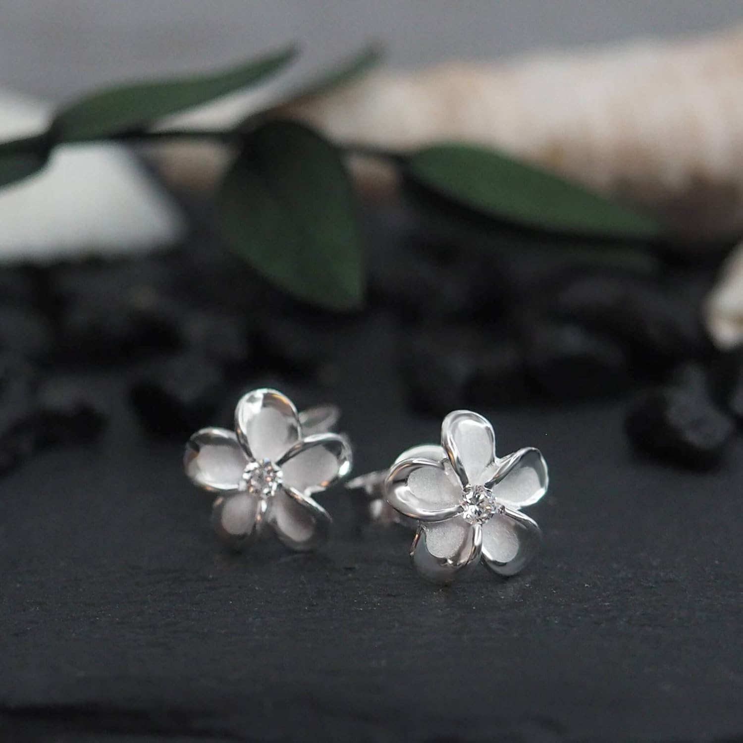 925 Sterling Silver 7mm Plumeria Women's Stud Earrings, Hawaiian Flower Stud Earrings for Women, Sterling Silver Flower Earrings with CZ Stone - Image 5