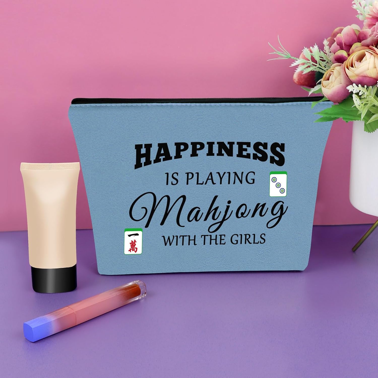Sazuwu Mahjong Blue Makeup Bag - Mahjong Themed Cosmetic Bag Gifts for Mom, Players - Travel Pouch image 4