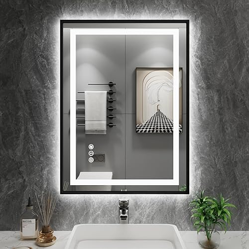 Amorho 20"x 28" LED Bathroom Mirror with Black Frame, Front Light and Backlit, Stepless Dimmable, Anti-Fog, Shatter-Proof, Memory, 3 Colors, Double LED Vanity Mirror - 28"L x 20"W - Black Frame