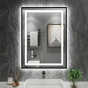 Amorho 28"X36" LED Bathroom Mirror with Black Frame, Front Light and Backlit, Stepless Dimmable, Anti-Fog, Shatter-Proof, Memory, 3 Colors, Double LED Vanity Mirror