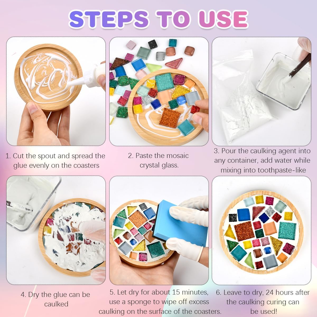 FOCCTS 6 Sets DIY Mosaic Coaster Kit - Mixed Color Mosaic Kits with Wooden Coasters for Adults, DIY Glass Mosaic Tiles for Crafts, Handmade Coaster Making Set for Handmade Home Decoration Gift (Round)
