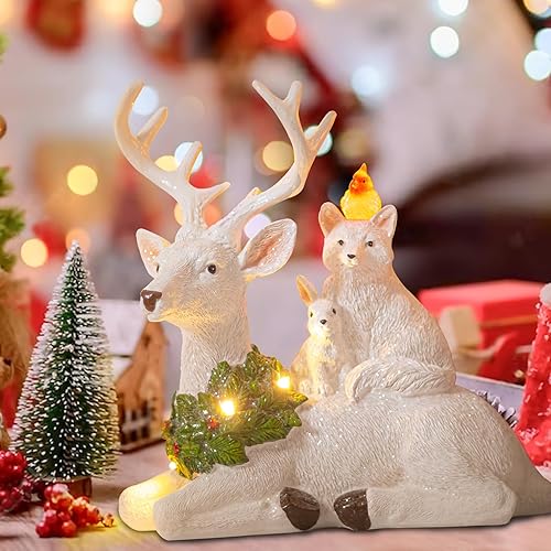 Miniatura 2 de MUMTOP Decoración de reno de Navidad con luces LED, figuras coleccionables de reno de Navidad con cardenal rojo brillante para fiestas de Navidad,