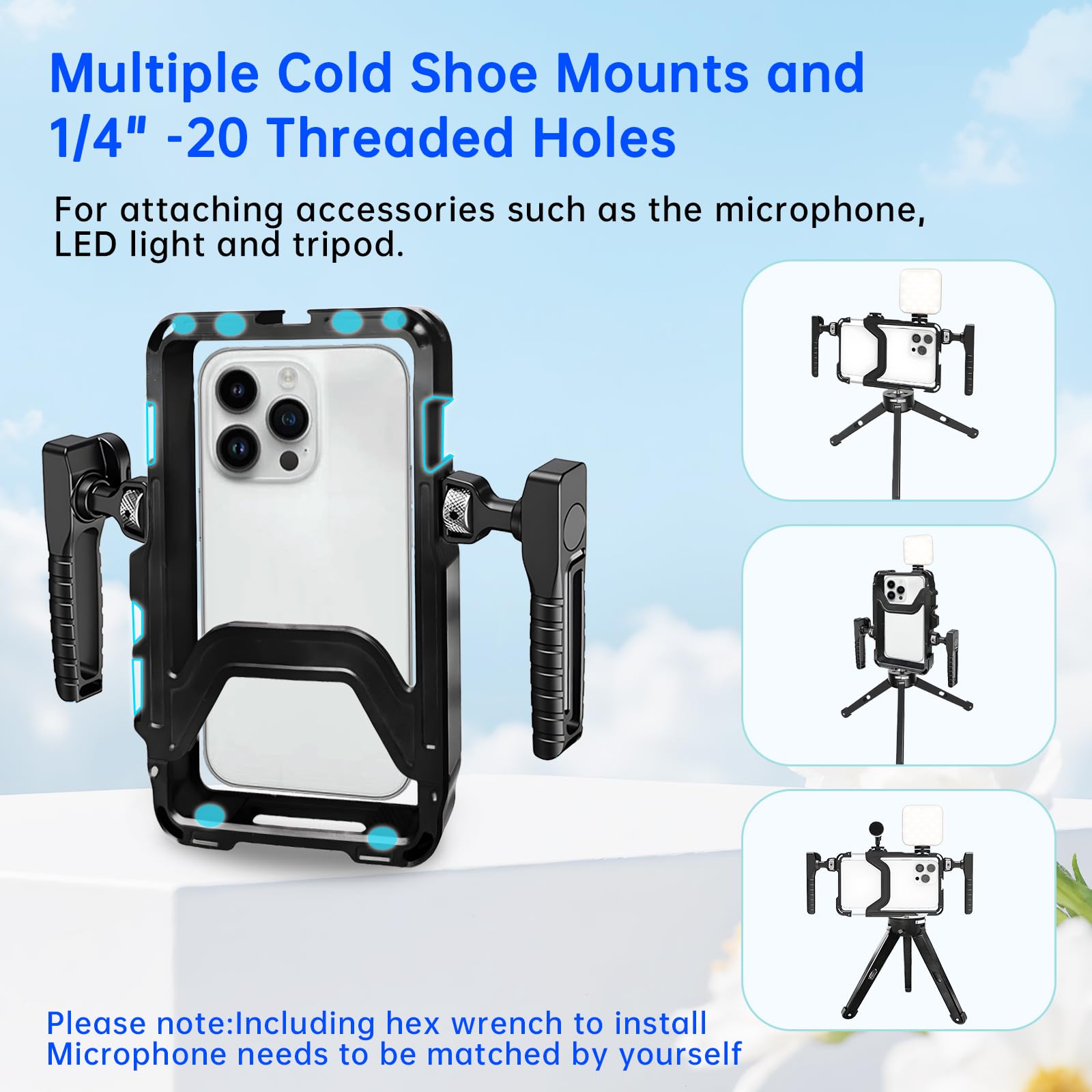 Phone Video Stabilizer Rig Kit: Telefono Cage Rig Rig per Registrazione Video con Maniglie LED Luce Treppiede - per Videomaker Videografo - per iPhone per Samsung per Pixel e altri telefoni Android