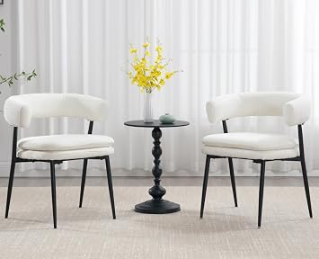 ROCITY Boucle Dining Chairs Set of 2, White Upholstered Kitchen Chairs with Curved Barrel Back, Chenille Fabric, Ideal for Dining Room