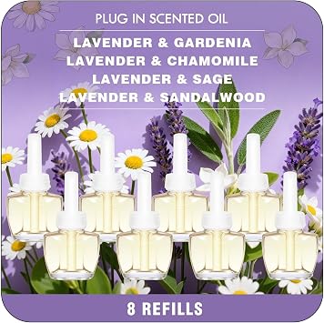 Plug In Refills Air Freshener, Lavender & Gardenia, Lavender & Chamomile, Sage, Sandalwood, Infused Essential Oils, 5.28 Fl Oz 8 Count, Compatible with Air Wick & Glade, Not Include Glade Plus