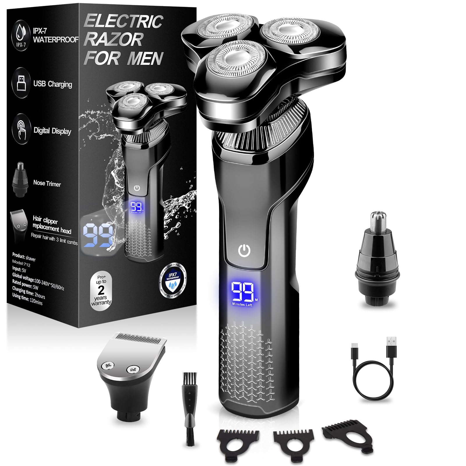 Rasoio elettrico da uomo, con display a LED, 100% impermeabile, rasoio senza fili, per rasatura bagnata/secca, rasoio elettrico da uomo, include rasoio per peli del naso, rasoio da viaggio