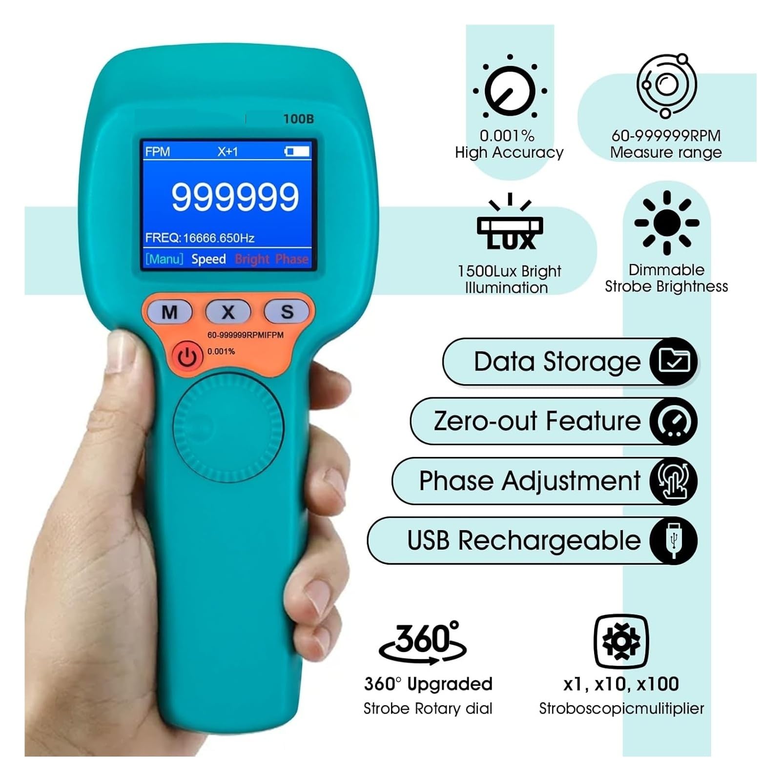 Tacómetro de luz estroboscópica, estroboscópico, medida sin contacto, velocidad de 60-999999 RPM/FPM con precisión del 0.001%, velocímetro de mano Posicionamiento preciso