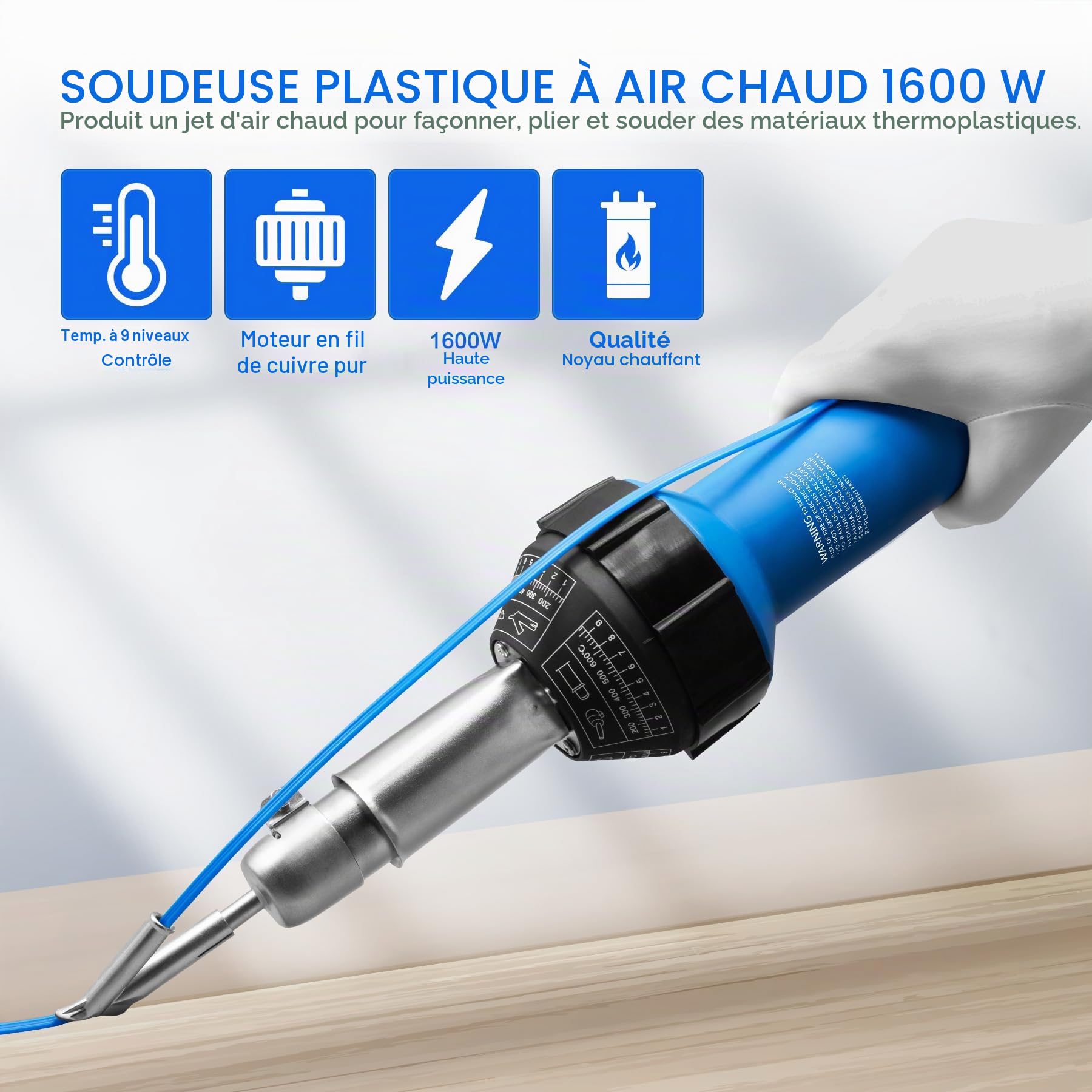 Soudeur en plastique à air chaud 1600 W, kit de soudure en plastique de toiture 110 V, vinyle PVC TPO, soudage à la main, pistolet à air chaud avec divers