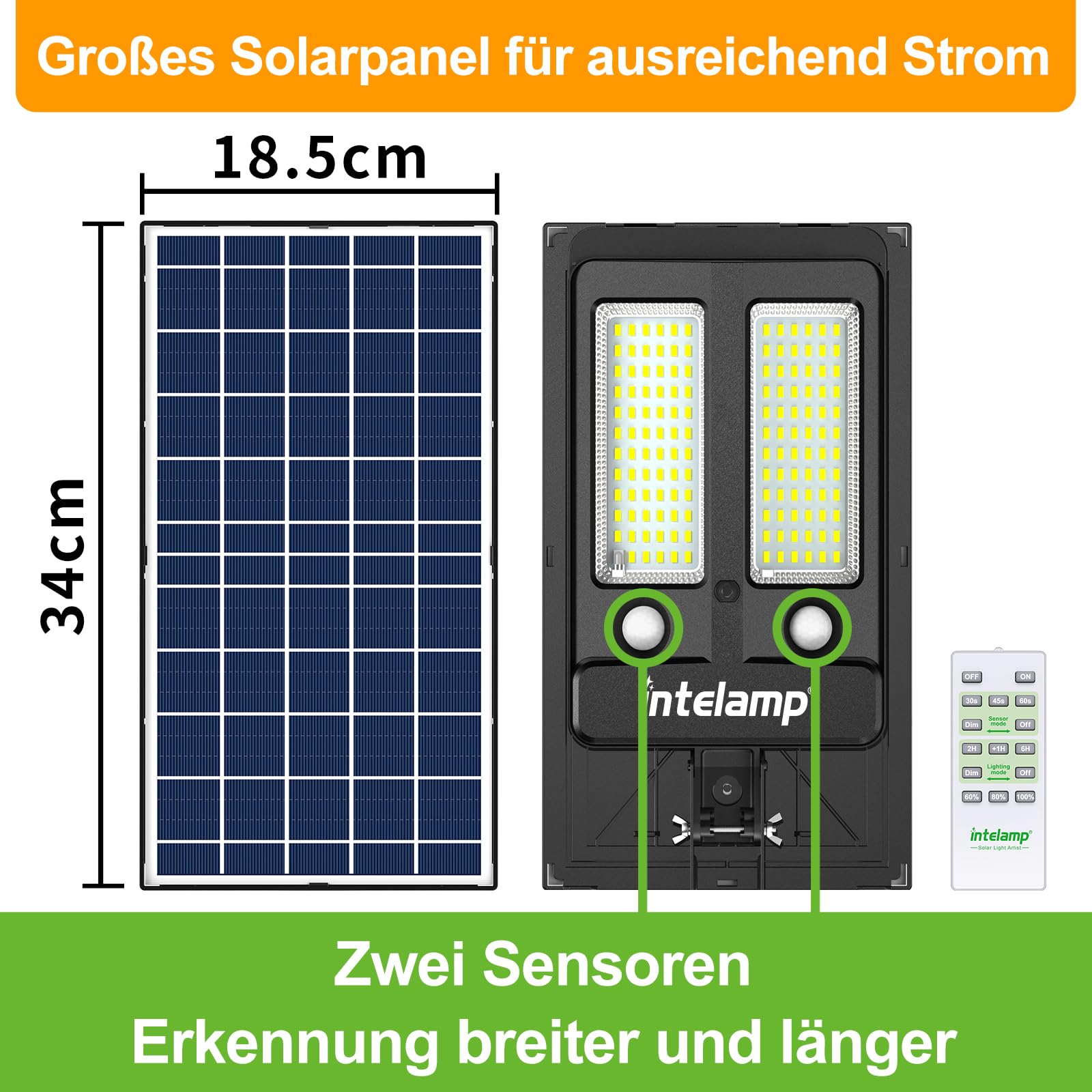 INTELAMP Solarstrahler für Außen mit Bewegungsmelder und Fernbedienung | 12500mAh 3000LM Solarleuchten mit Signalvernetzung,IP65 wasserdicht Solarlampen für Garten, Terrasse, Hof und Garage