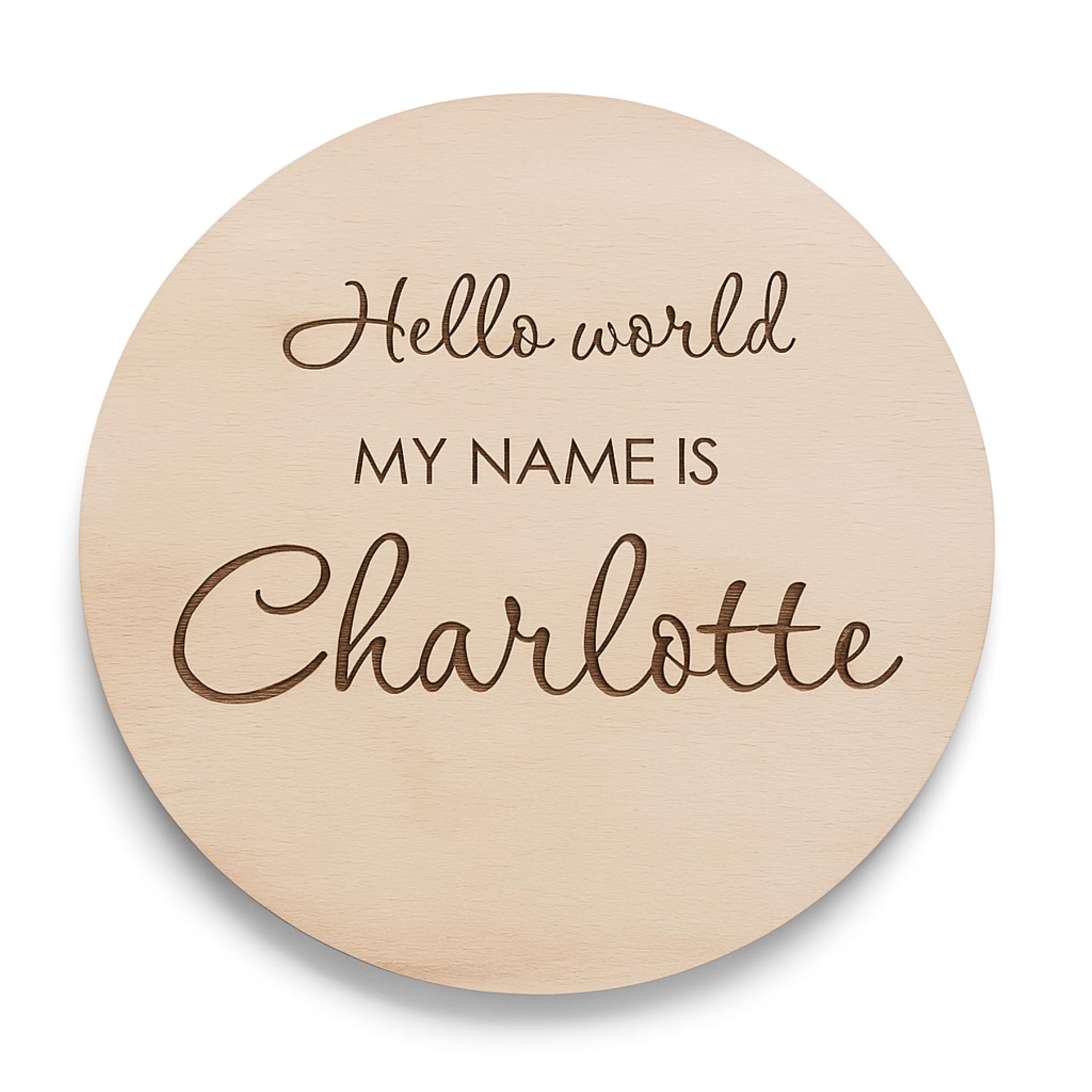Hello World - Personalized Newborn Baby Announcement Sign for Hospital or Photo Prop, Custom Name Wooden Birth Discs (Design 3)