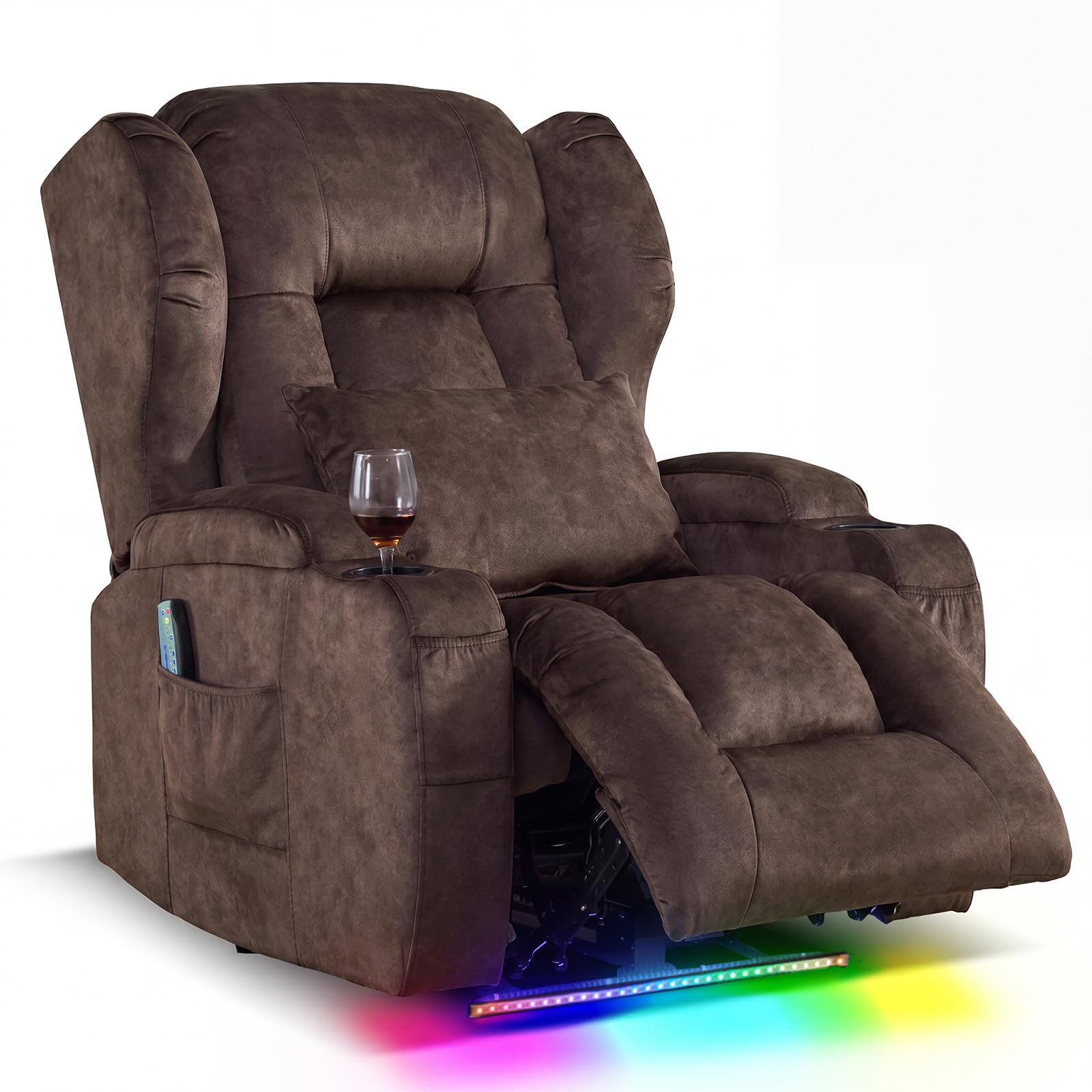 Oprisen Wall Hugger Power Recliner Chair, Overstuffed Home Theater Seating w/Heat Massage Electric Movie Gaming Sofa Reclining Sleeper Chair with LED Light/Lumbar Pillow/Cup Holders