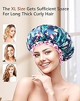 Vista 5 de mikimini Gorro de ducha grande para mujer, paquete de 2, gorro de ducha de flamenco con encaje rosa, doble capa impermeable, reutilizable, lavable