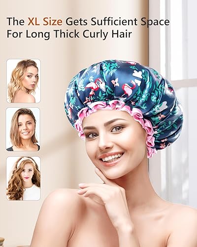 Miniatura 5 de mikimini Gorro de ducha grande para mujer, paquete de 2, gorro de ducha de flamenco con encaje rosa, doble capa impermeable, reutilizable, lavable,