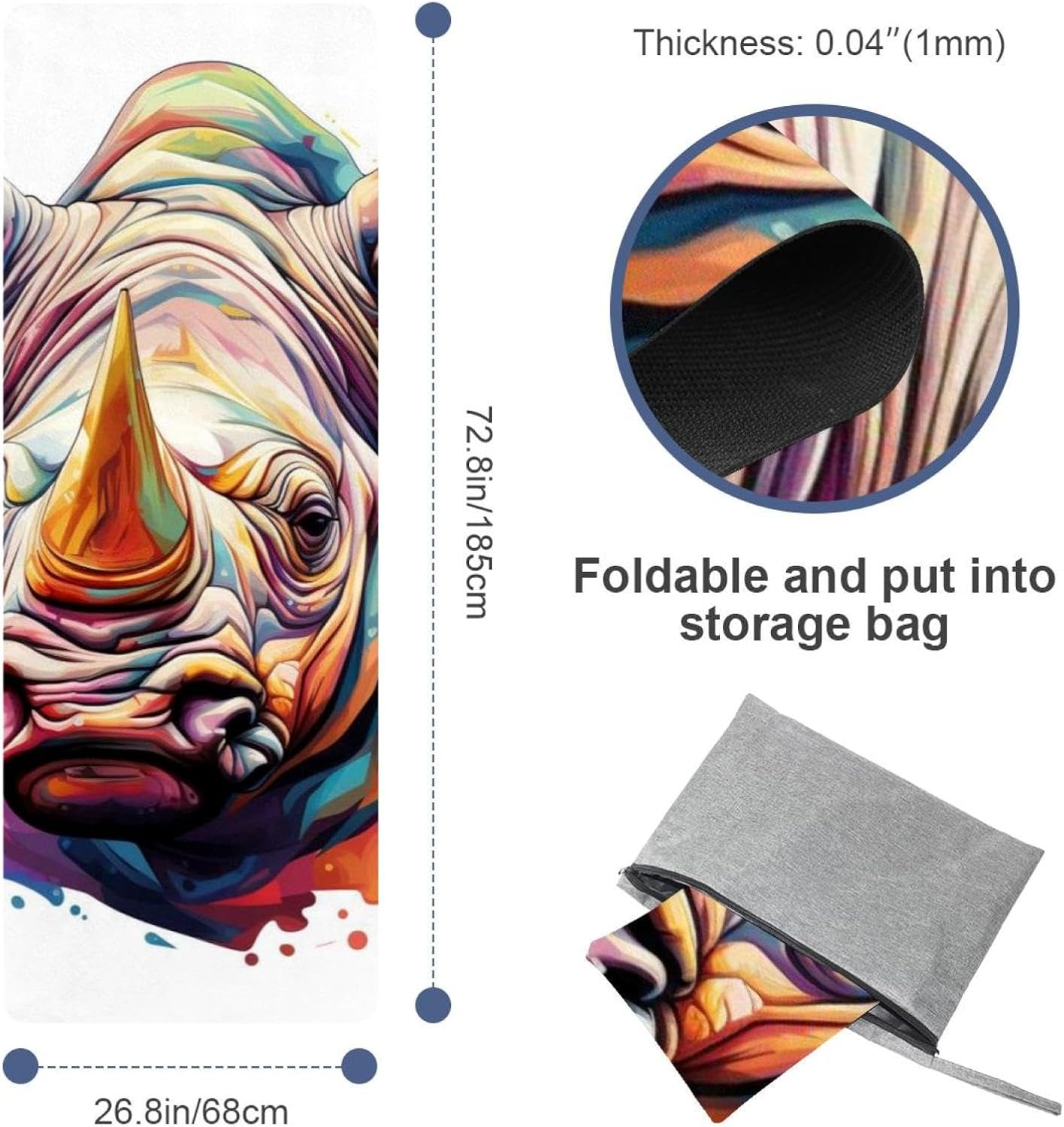 Yoga Towel, Rhino Animal Print Non Slip Sweat Absorbent Hot Yoga Mat Towel for Hot Yoga, Pilates and Fitness - 72.8" x 26.8"