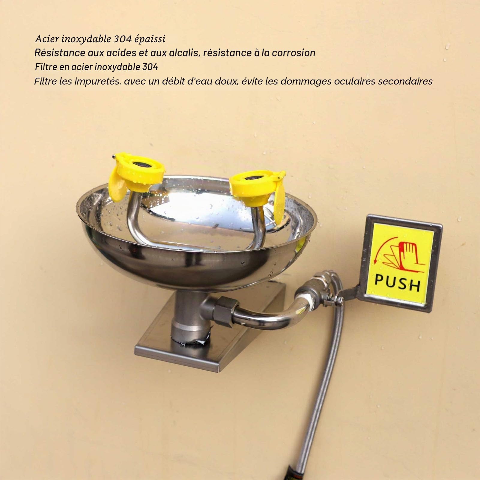 Station de lavage des yeux, Lave-œil d'urgence mural, Lave-œil d'urgence en acier inoxydable, Lave-œil de premier secours, Opération mains libres pour laboratoire d'atelier