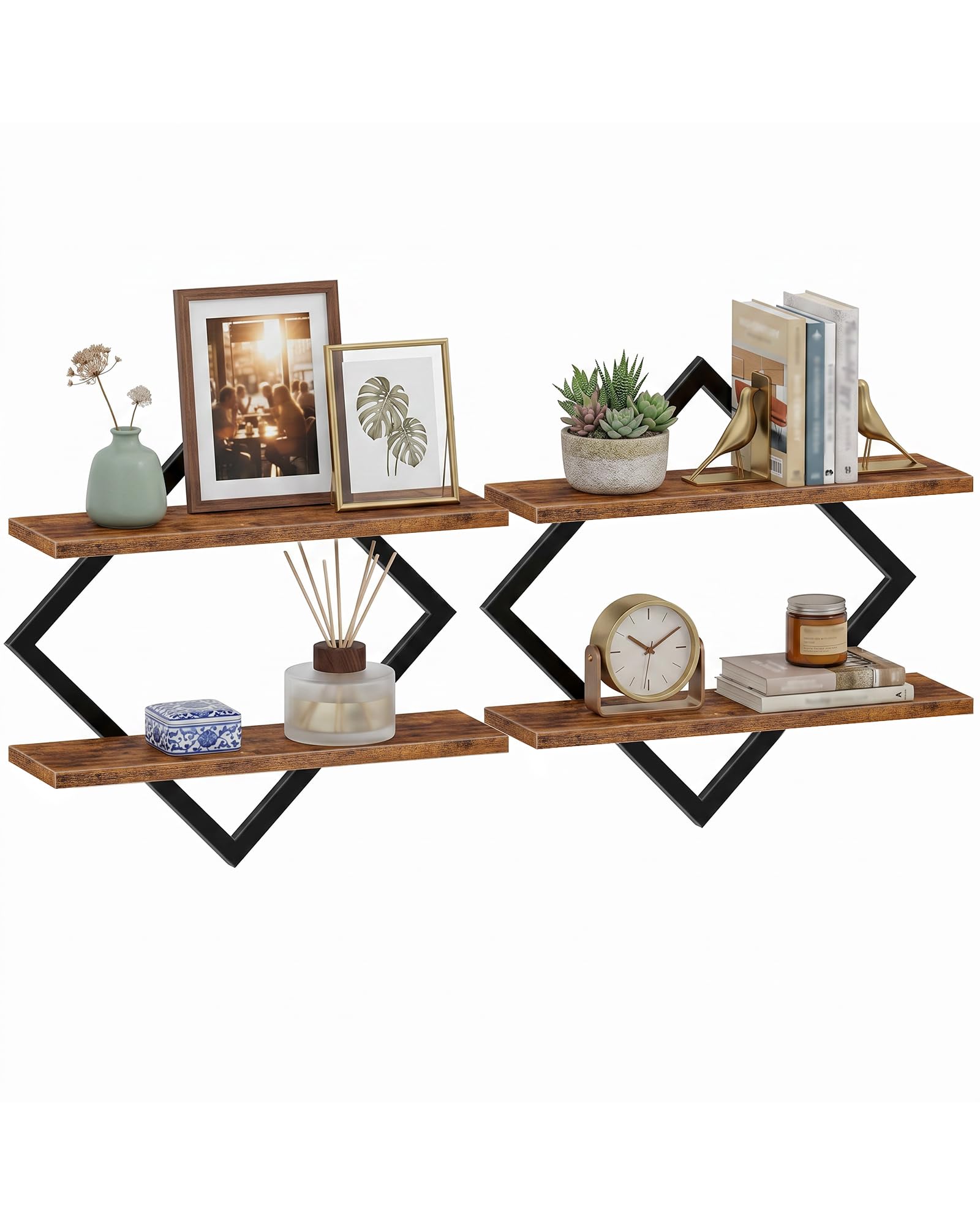 CHOEZON Étagère flottantes, Lot de 2, Étagères murales à 2 Niveaux, Rangements Suspendus avec Cadre métallique losangé, pour Salon, Chambre, Cuisine, Bureau, Marron Rustique et Noir DTBJ01P2BF