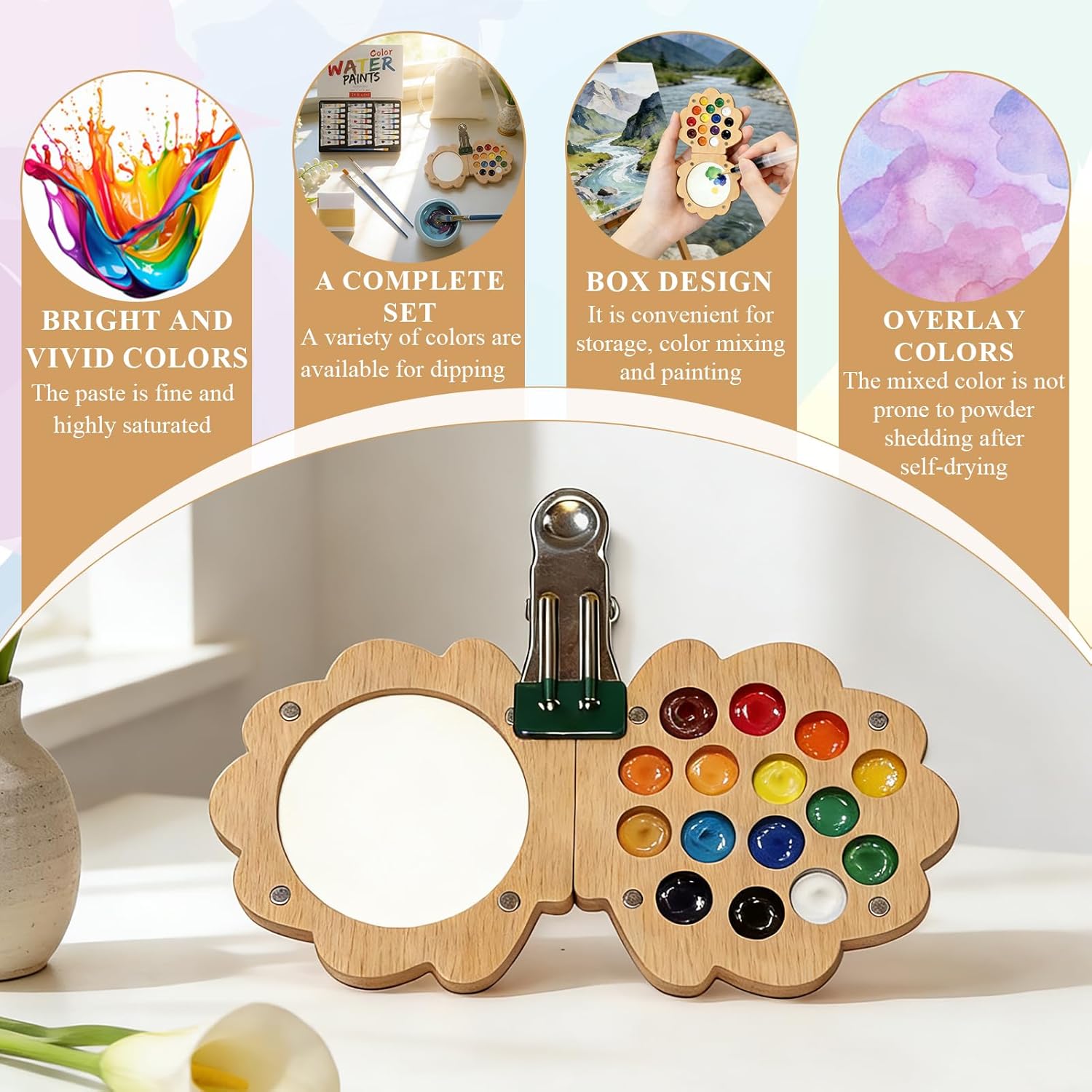 EVOCKAY Mini Watercolor Paint Palette with Clip Perfect for Artists, Painters & Students - Wooden Travel Kit 24 Colors-15 Grids（shell-shaped walunt）