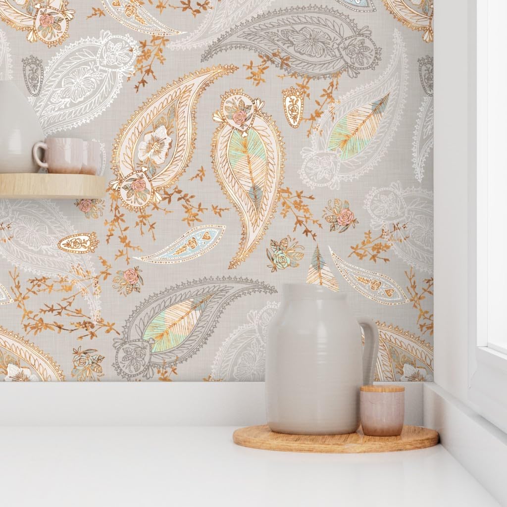 Spoonflower Removable Wallpaper Swatch - Boho Paisley Gold Roses Peony Bohemian Antique Chevron Floral Damask Custom Pre-Pasted Wallpaper