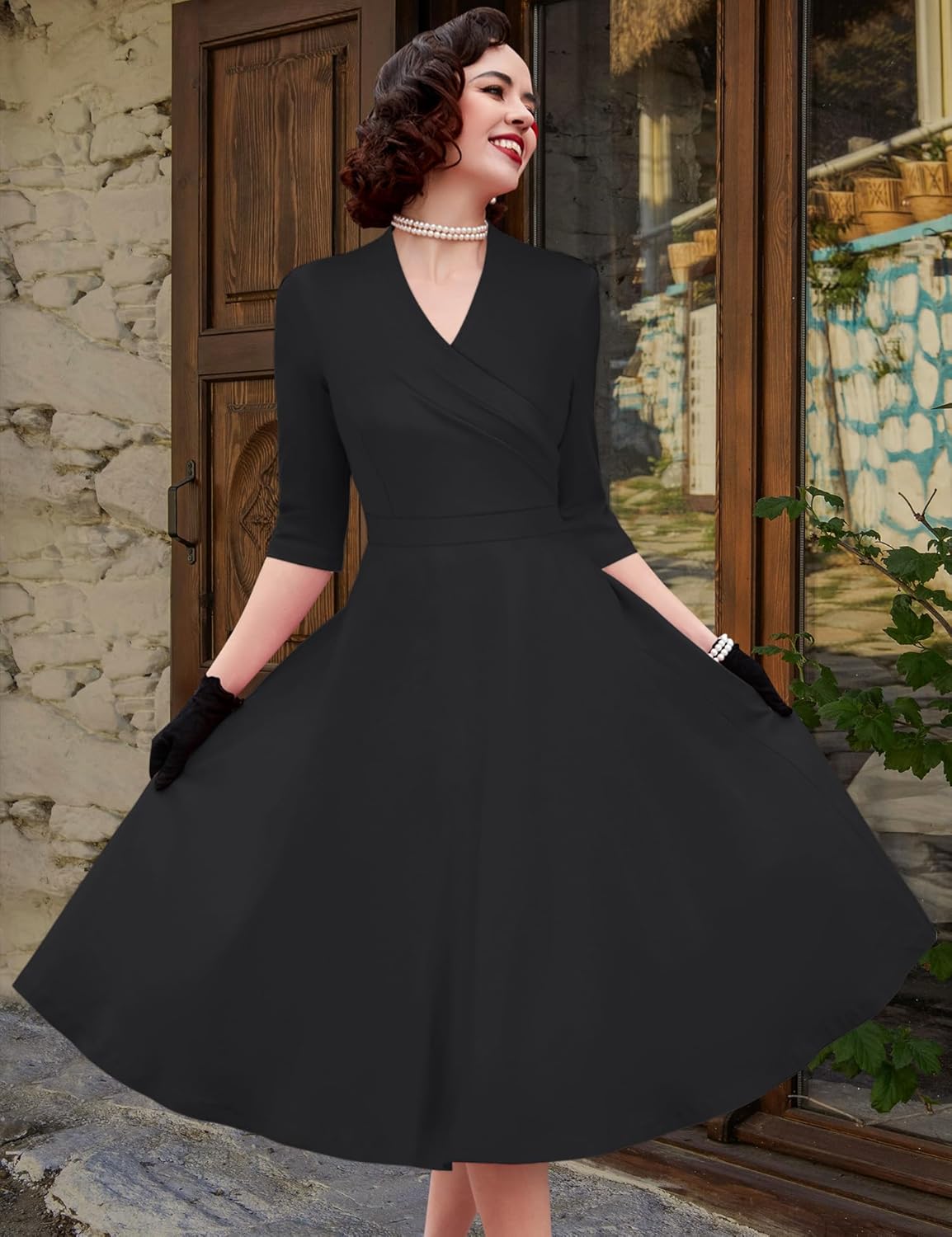 MUXXN Women's Elegant Wrap V Neck 3/4 Sleeve Formal Cocktail Prom Midi Big Swing Dress - Image 4