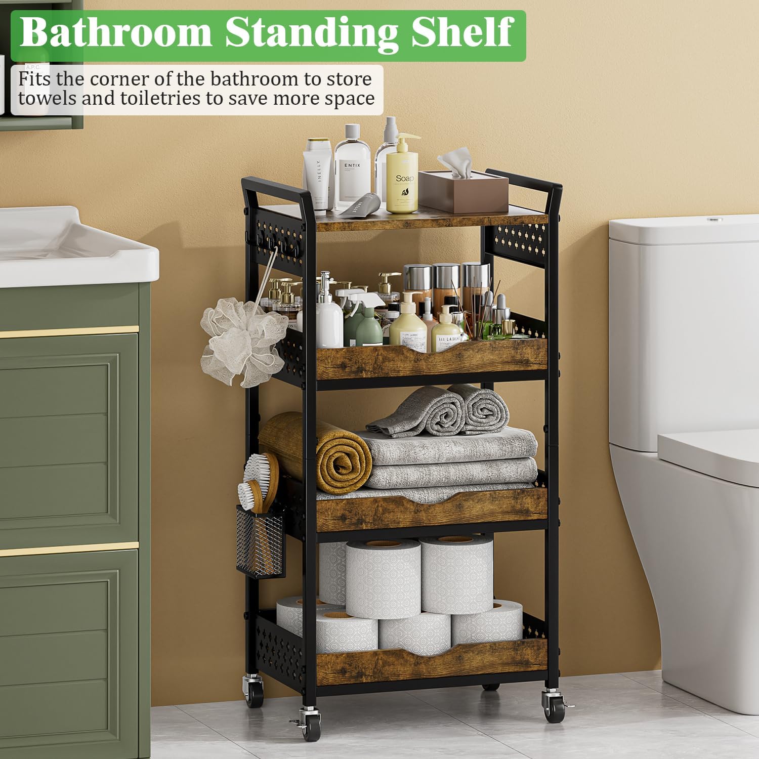 Utility Rolling Storage Cart, 4-Tier Art Craft Makeup Organizer Snack Coffe Bar Cart with Wheels, Metal Mesh Basket Standing Shelf Unit with Wooden Top for Bathroom, Kitchen, Black