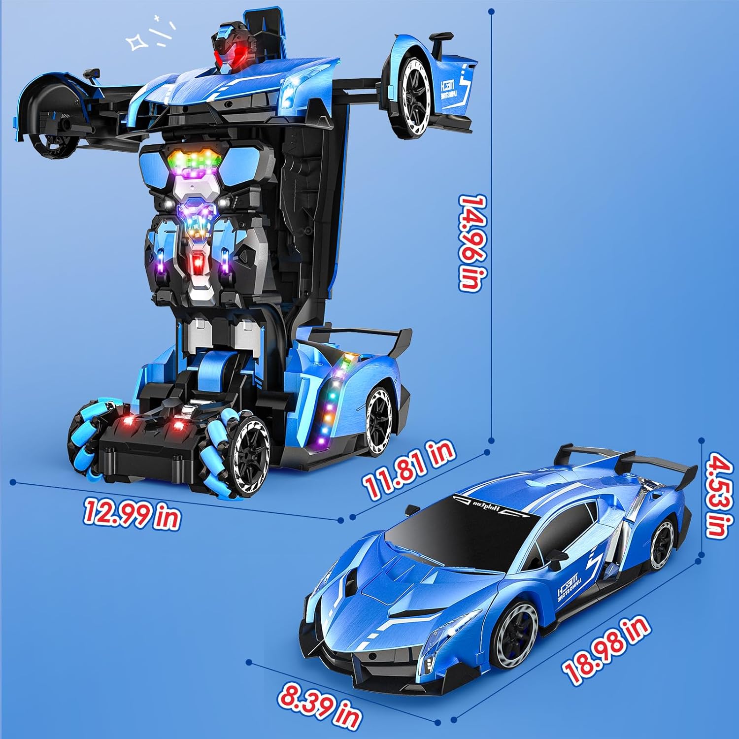 Holyton Big 1:10 Scale Transform RC Car & Robot – One-Button Transformation, Gesture Sensing, LED Lights, Music & Fog Spray, 2 Batteries 80 Mins Play, Birthday Gift for Boys Girls Ages 3-12 - Image 3