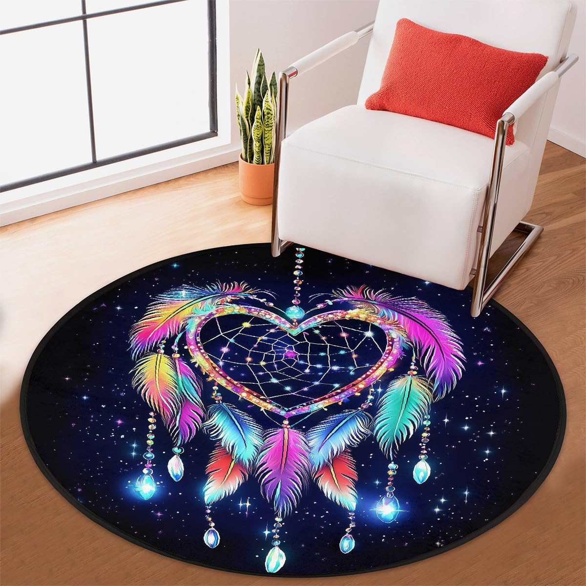 Herz-Traumfänger-Neon-Teppich, rund, waschbar, Gaming-Teppich für Schlafzimmer, Wohnzimmer, Arbeitszimmer, Bodenmatte, 160 cm