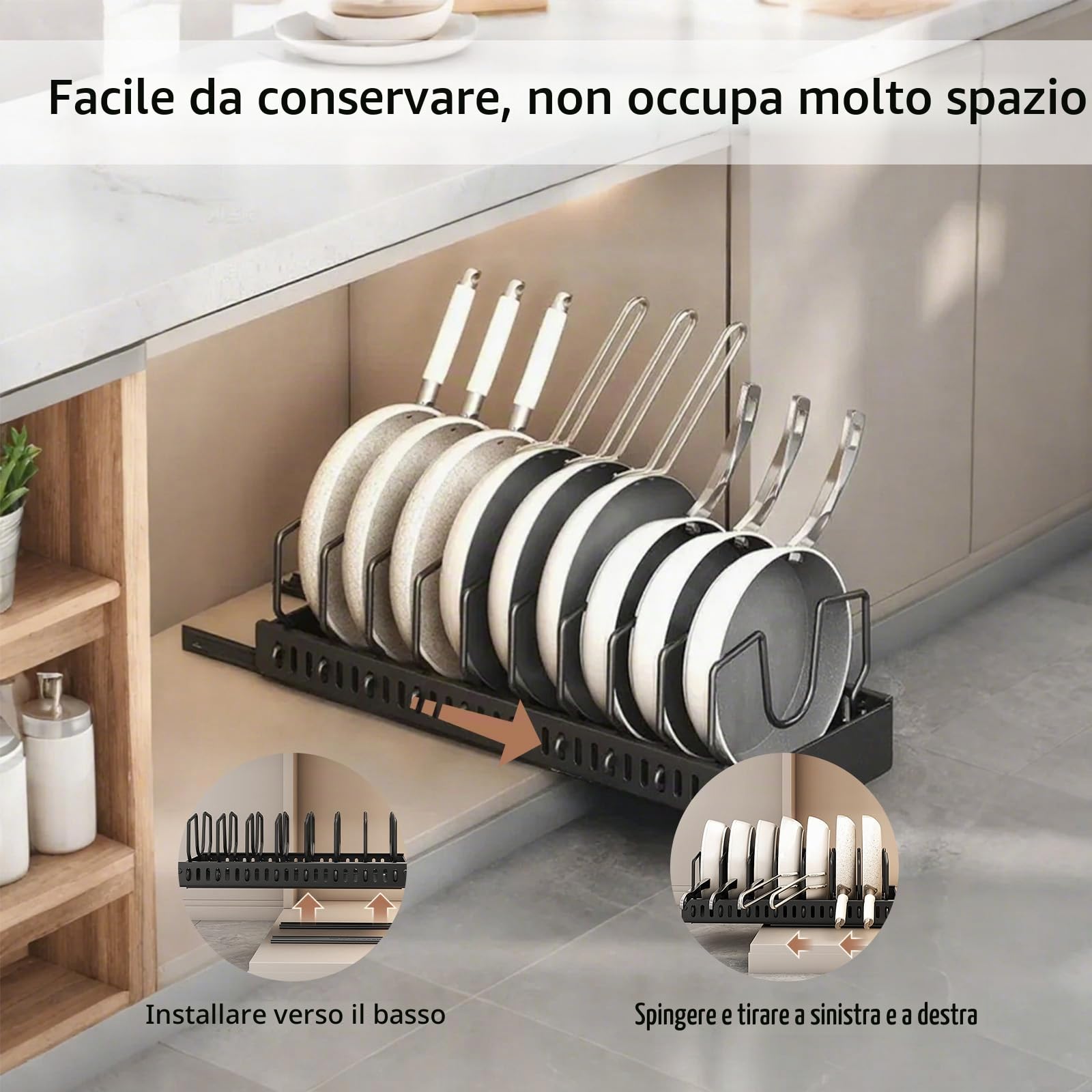 Porta Coperchi Pentole, Espandibile Porta Coperchi Pentole con 8 Scomparti Regolabili, Organizer Coperchi Pentole e Padelle per Cucina, Nero