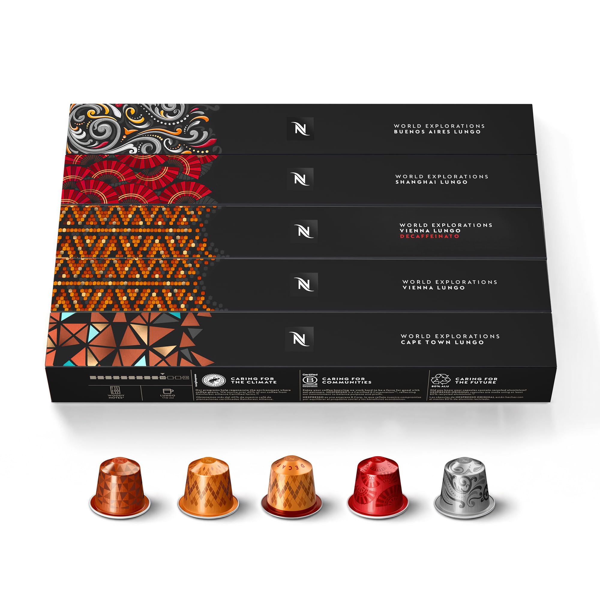 Pack de 100 cápsulas de café Lungo Nespresso Original World Explorations (Cape Town, Vienna, Vienna Decaffeinato, Shanghai, Buenos Aires)