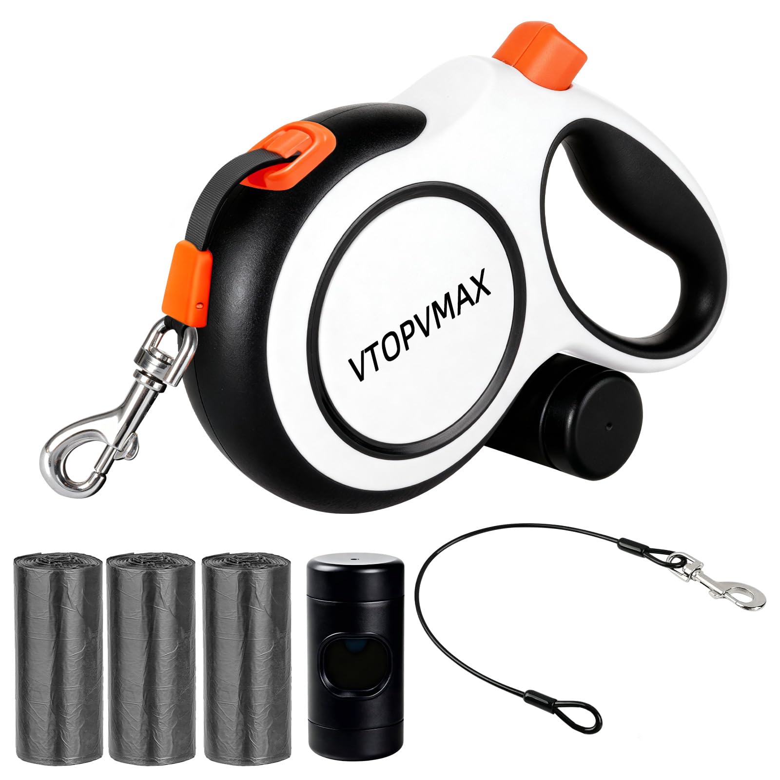 Correa Perro Extensible 8m - Correa Resistente para Perros Medianos/Grandes hasta 50kg, con Cable Anti-Mordidas, Dispensador De Bolsas para Heces Y Freno De Una Mano (Negro/Blanco)