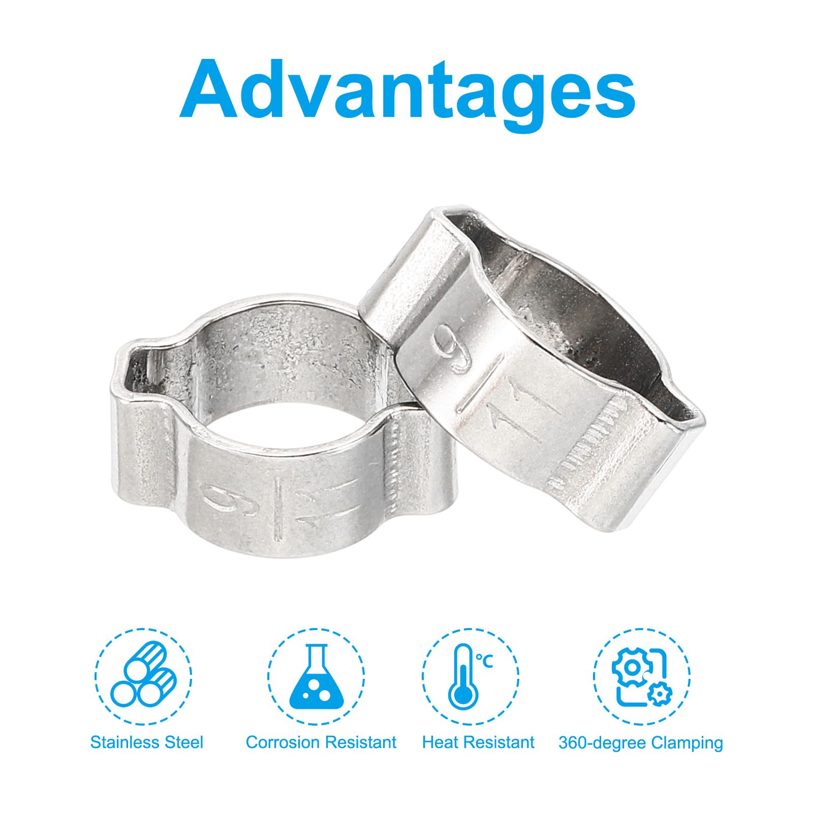 PATIKIL 10 Pack 9-11mm Double Ear Hose Clamp, 304 Stainless Steel O Clip Crimp Rings for Fuel Petrol Pipe Tube Fitting Connections, Silver Tone - Image 4