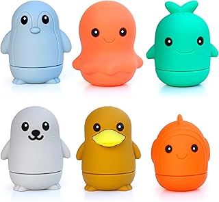 Ocean Friends Bath Toy Set, 6-Piece Silicone Baby Bath Toys for Ages 9 Months+, Soft Food-Grade Silicone, Easy to Clean, Cute Ocean Animals