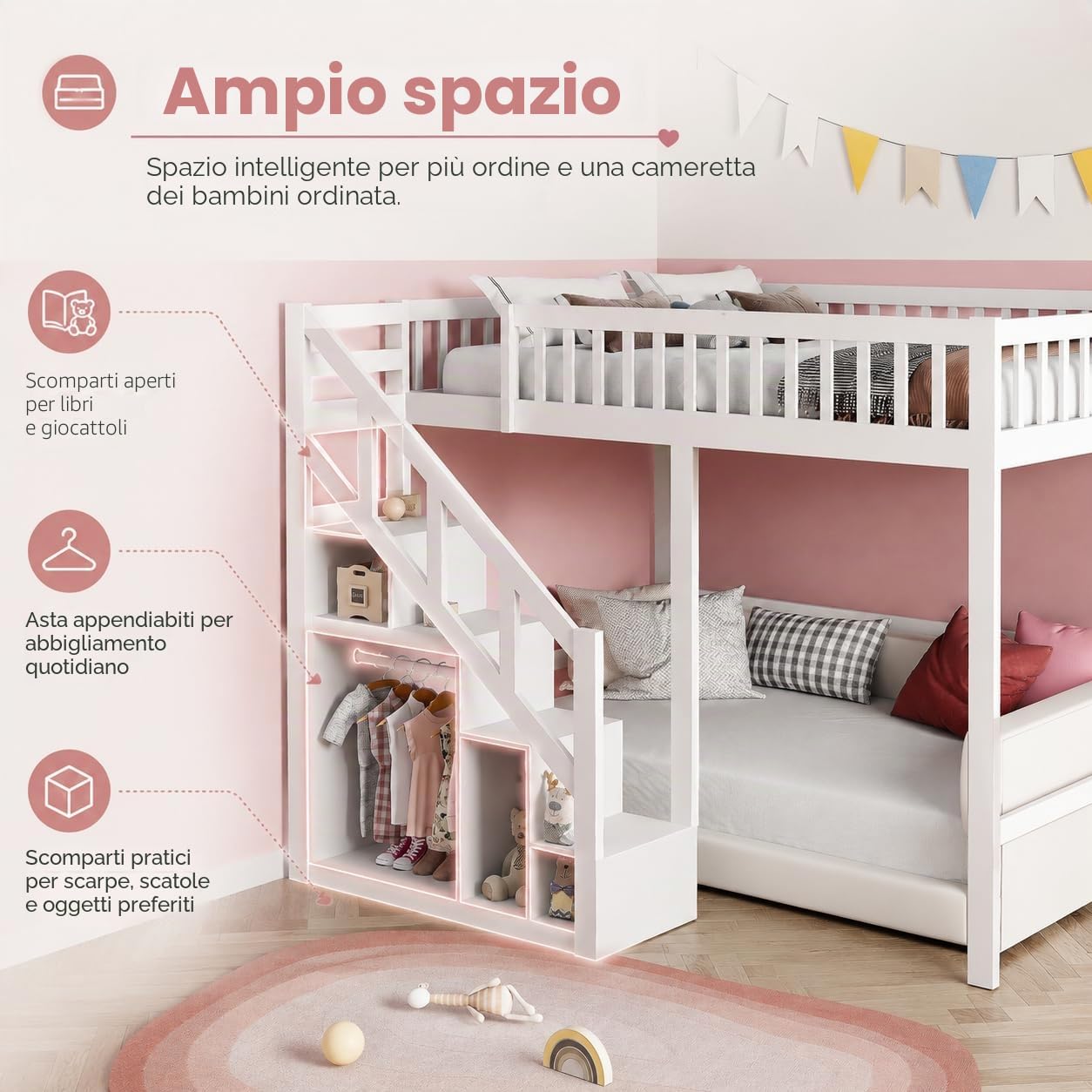 Letto a castello 140x200 cm, letto a soppalco con scala e armadietto, letto a castello con rete a doghe e protezione anticaduta, letto per bambini in legno massiccio di pino, senza materasso
