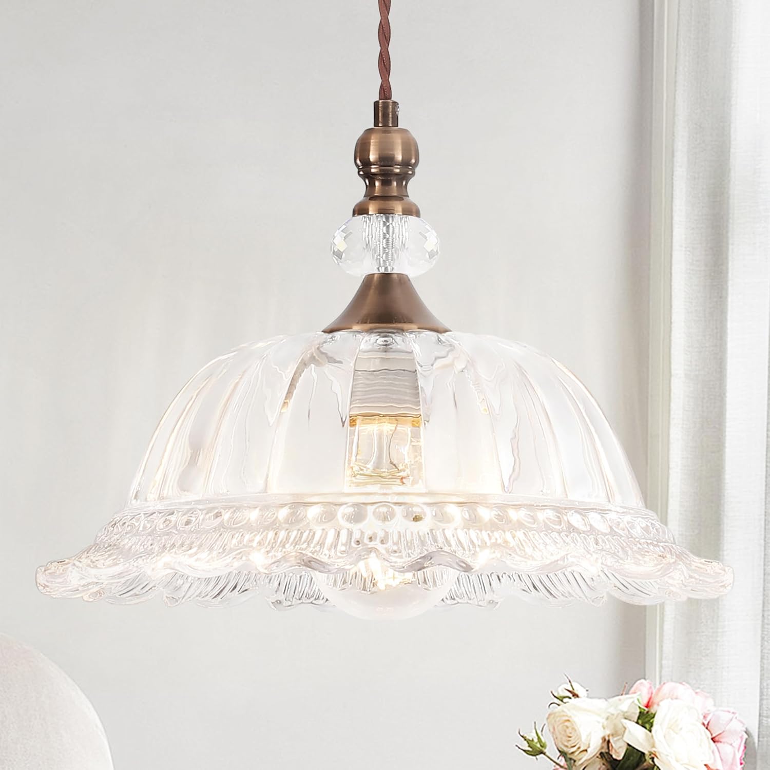 Vintage Pendant Light Fixtures for Kitchen Island Brass Gold 10.6" Glass Small Pendant Lights Adjustable Hanging Light for Hallway Porch Sink Table