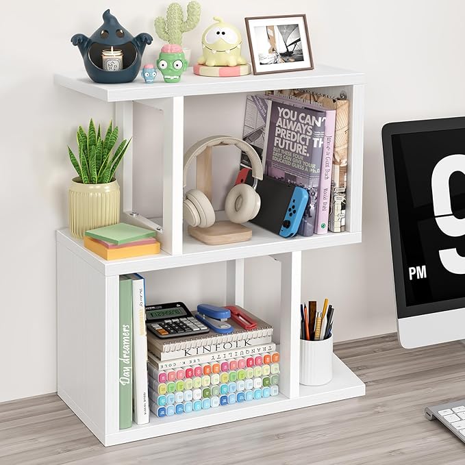 Desk Shelf Organizer Desktop Bookshelf for Top of Desk White Book 3-tier Shelves Storage Small Bookcase Hutch for Dorm Office College Table Top Organization Shelving Decorations for Women Office