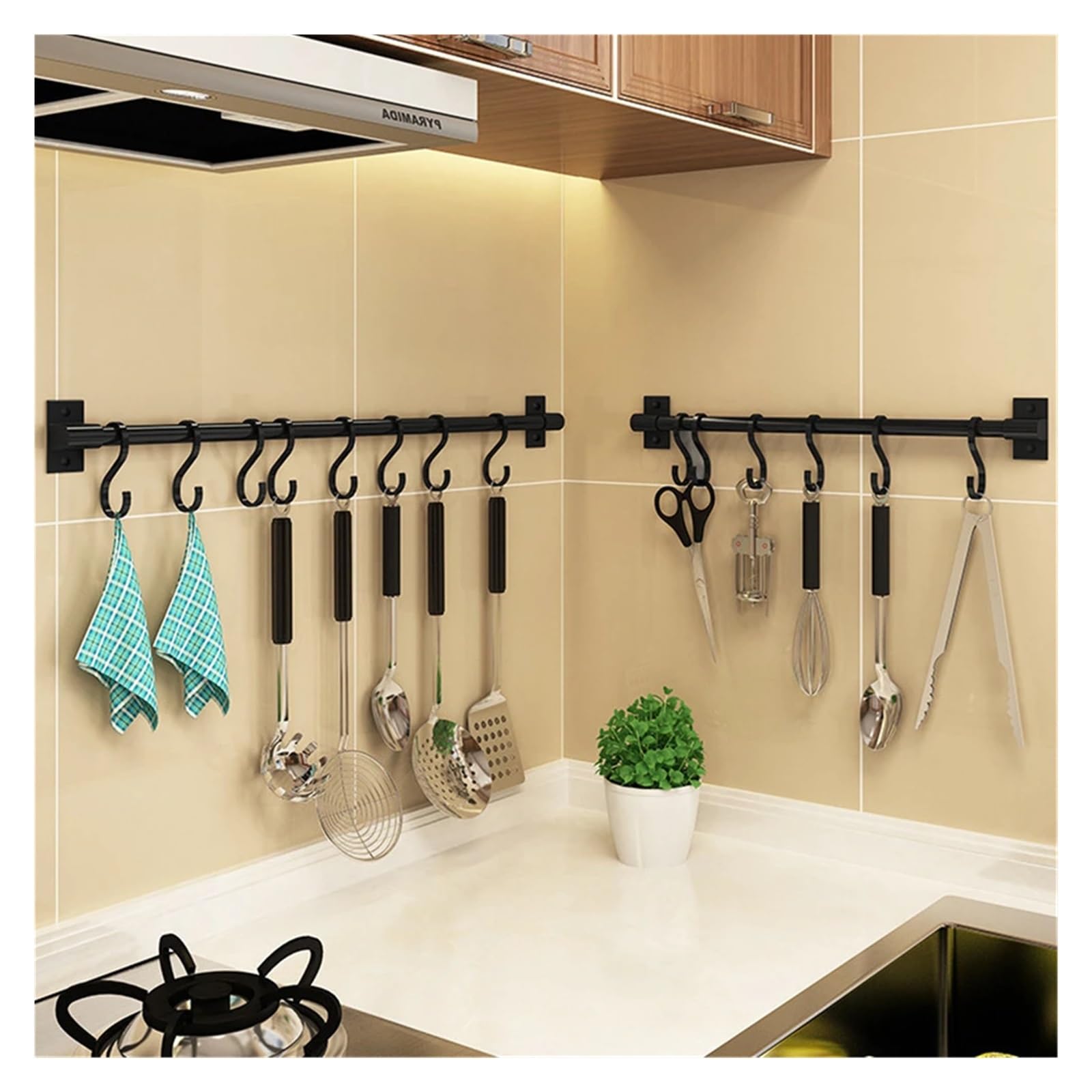 Rail de cocina montado en la pared Perchero de cocina con ganchos pared, sin perforaciones, for colgar utensilios, cucharas, palas y tablas cortar(50CM Black)
