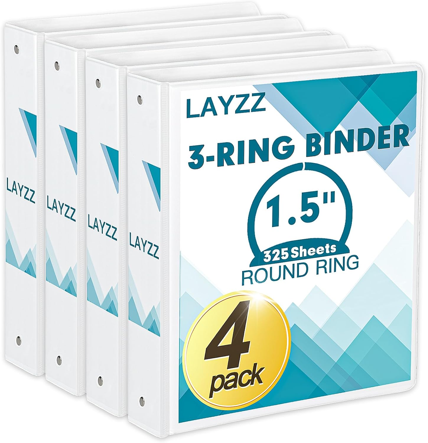 3 Ring Binder, LAYZZ 4 Pack 1.5 Inch Binders 3 Ring with 2 Pockets, Round Ring Binders, Clear Cover Binders for Letter Size 8.5"x11" Paper, PVC Free, Suitable for School Home and Office (White)