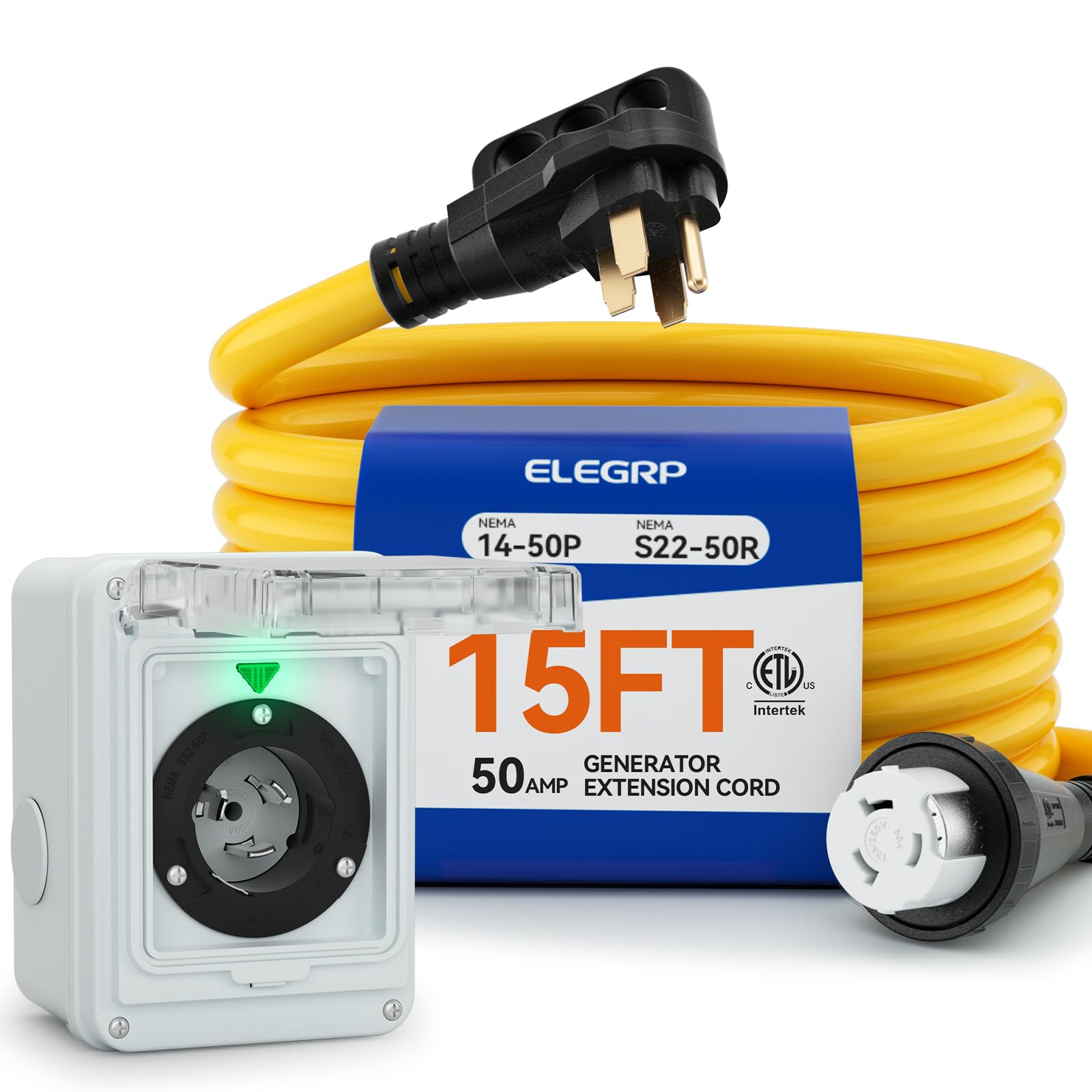ELEGRP 50 Amp Generator RV Cord 15 FT and Power Inlet Box, Pre-Drilled Generator Inlet Box, NEMA 14-50P to NEMA SS2-50R 6/3+8/1 Gauge STW Generator