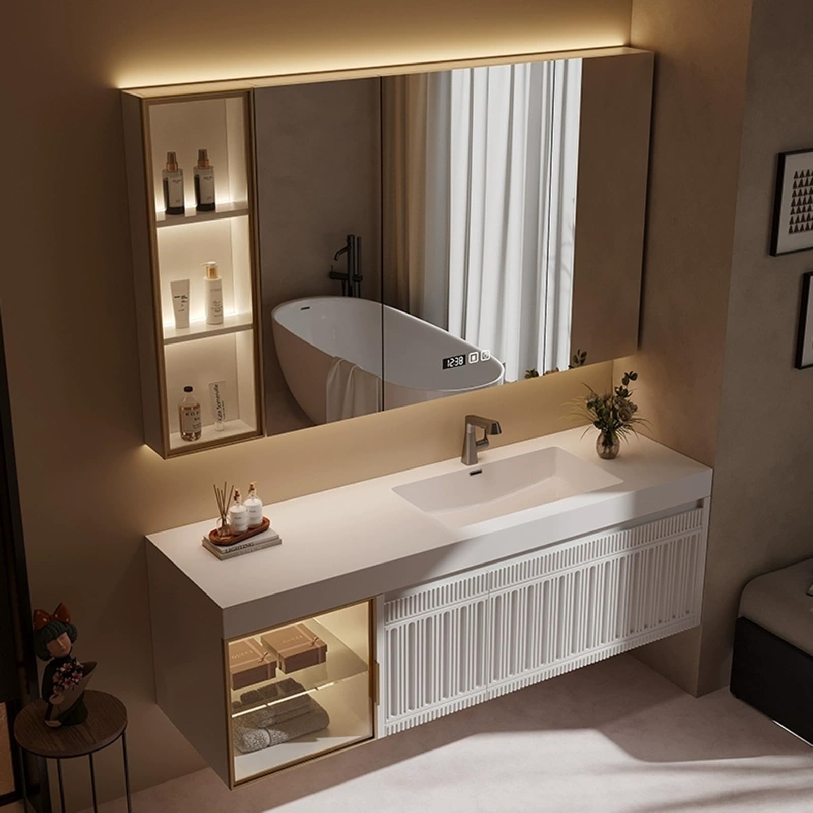Mueble De Baño con Lavabo Incluido, Cajones, Puertas, Estilo Moderno Nórdico Vintage, Muebles De Baño con LavaboWhite,140cm/55in